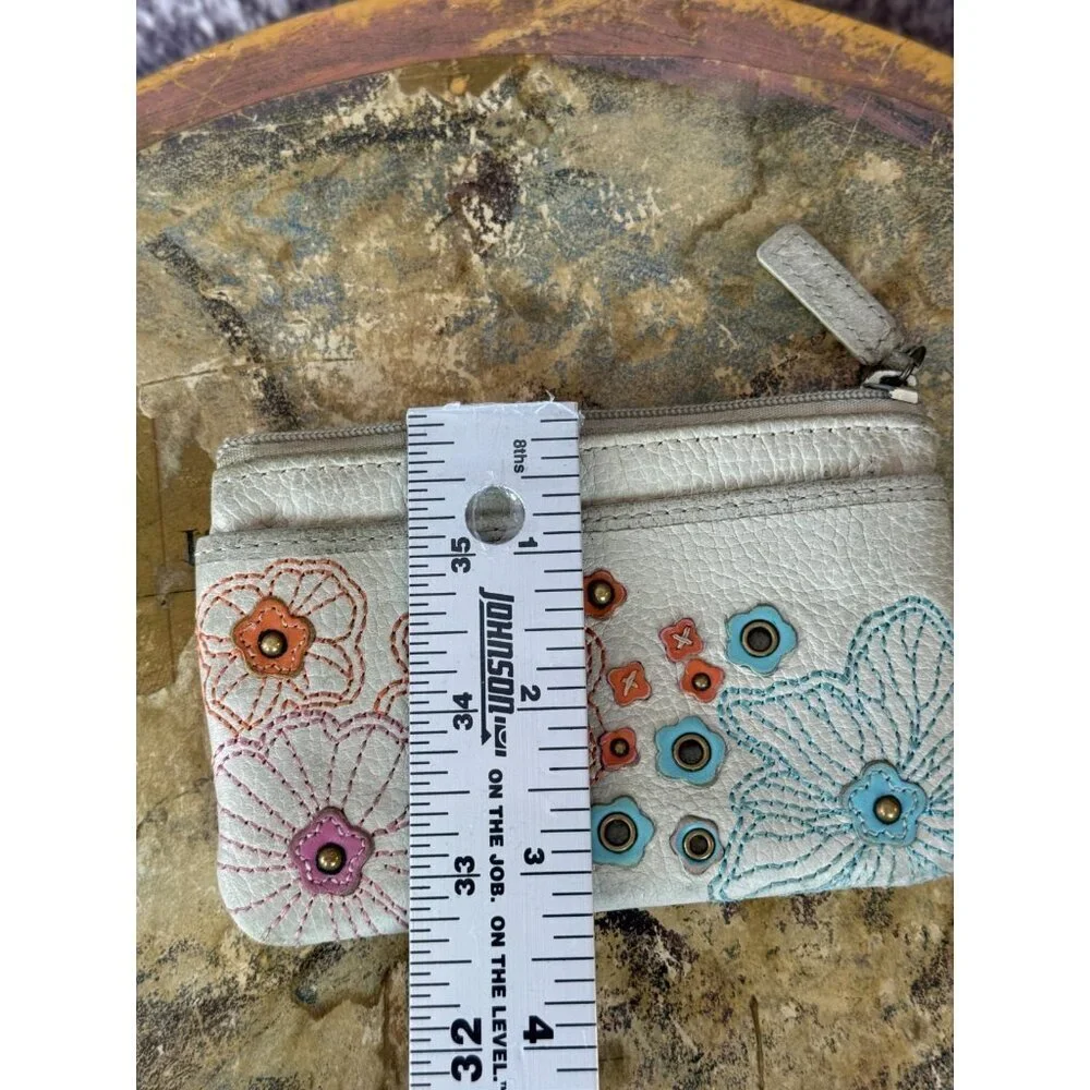Leather Wallet Cream Floral‎ Embroidered Zip Small Keychain Boho Card Case